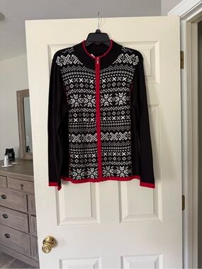 Christopher & Banks Black and Red Fair Isle Zip Cardigan